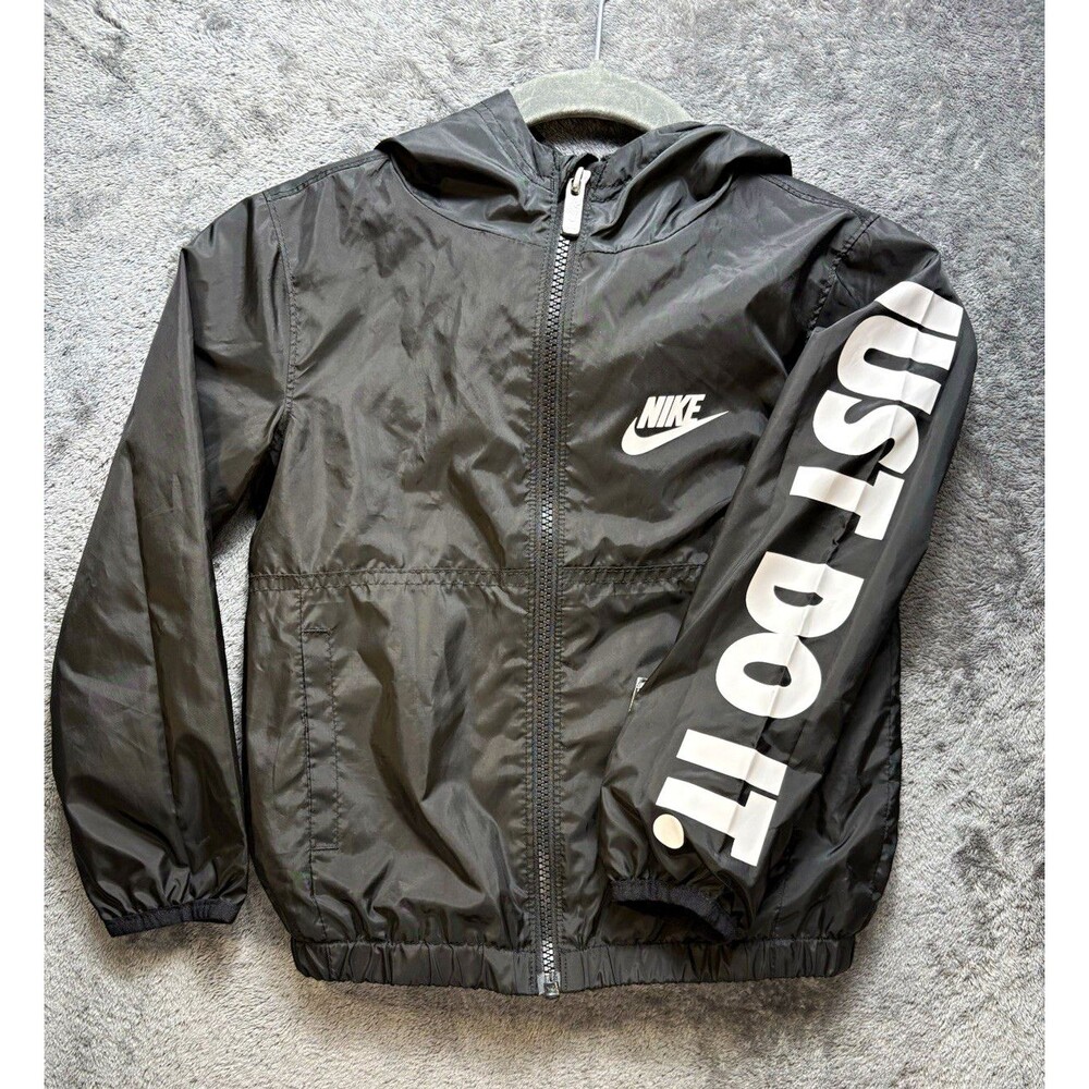 Nike Hooded Full Zip Mesh-Lined Windbreaker Jacket Black/White Kids XS 4/5